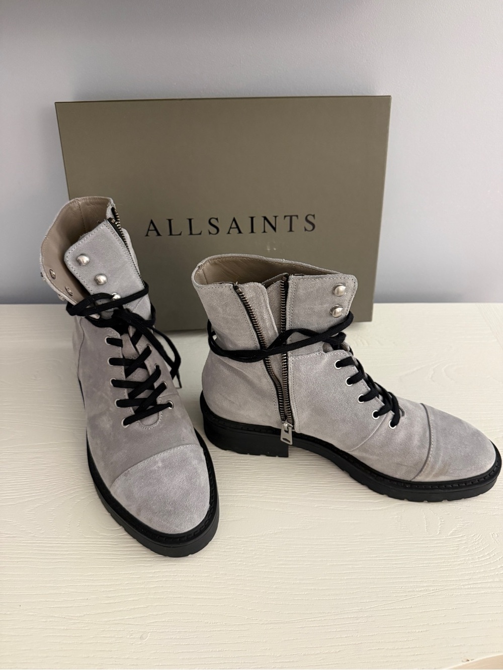 AllSaints Dusty Suede Boots Warm Grey US 11 EU 41 NIB